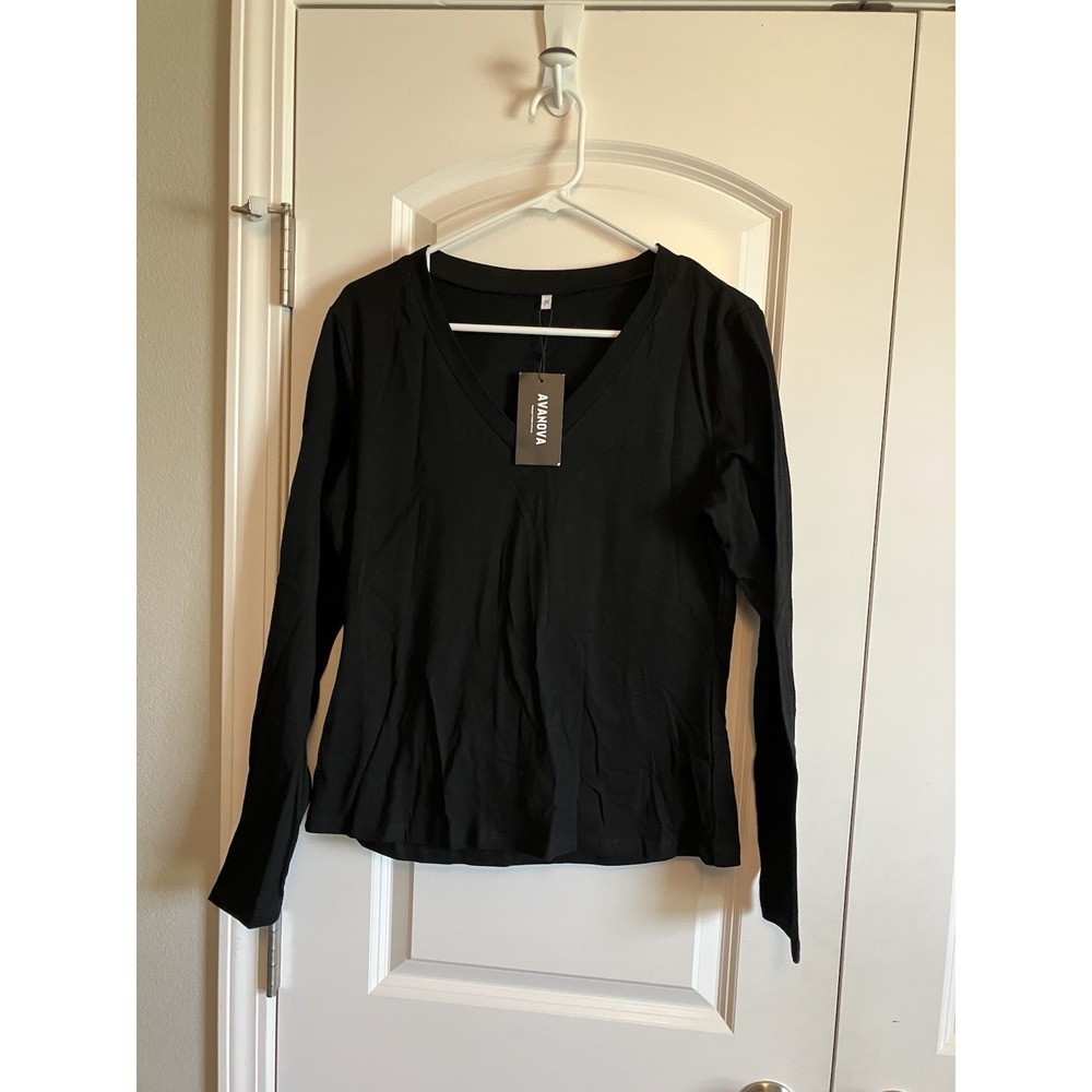 Avanova V Neck Shirt Women XL Black New Long Sleeve Fitted Cotton Blend C411